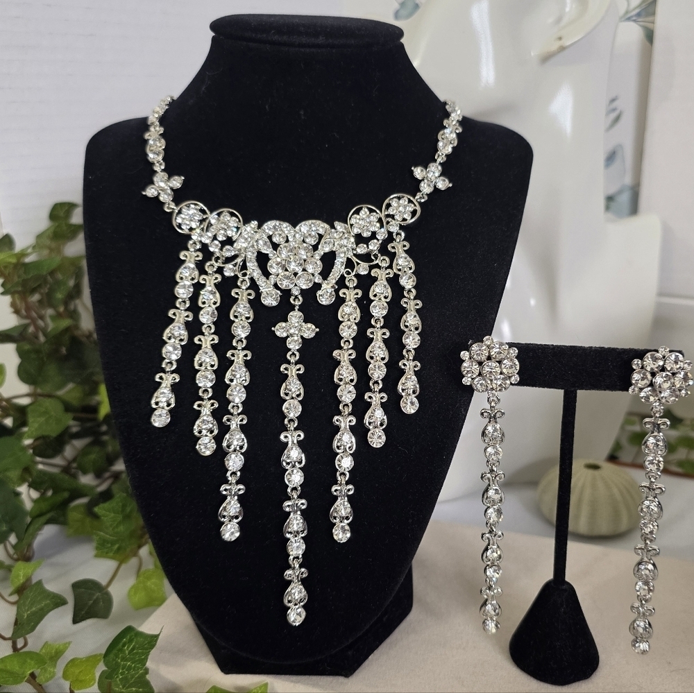 Vintage Silver and Rhinestone Waterfall Statement Necklace and Earrings Set